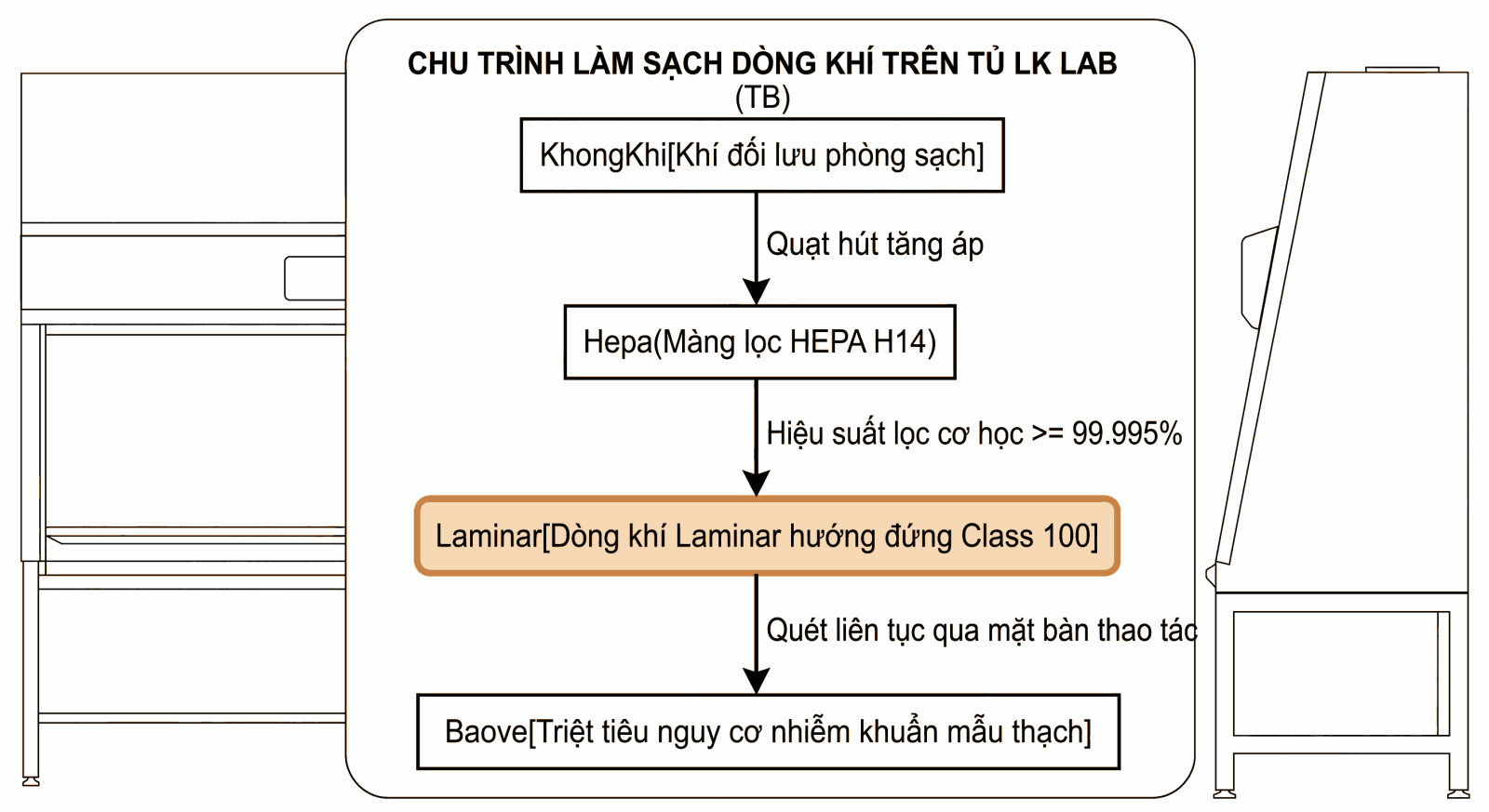 Chu trình làm sạch dòng khí laminar tịnh tiến thẳng đứng bên trong tủ cấy vô trùng LK Lab
