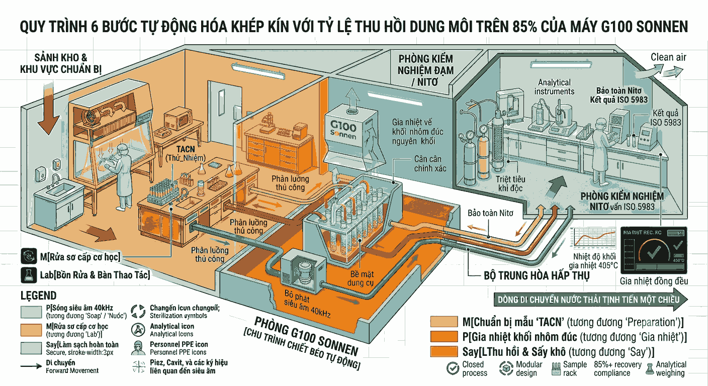 Quy trình 6 bước tự động hóa khép kín với tỷ lệ thu hồi dung môi trên 85% của máy G100 Sonnen