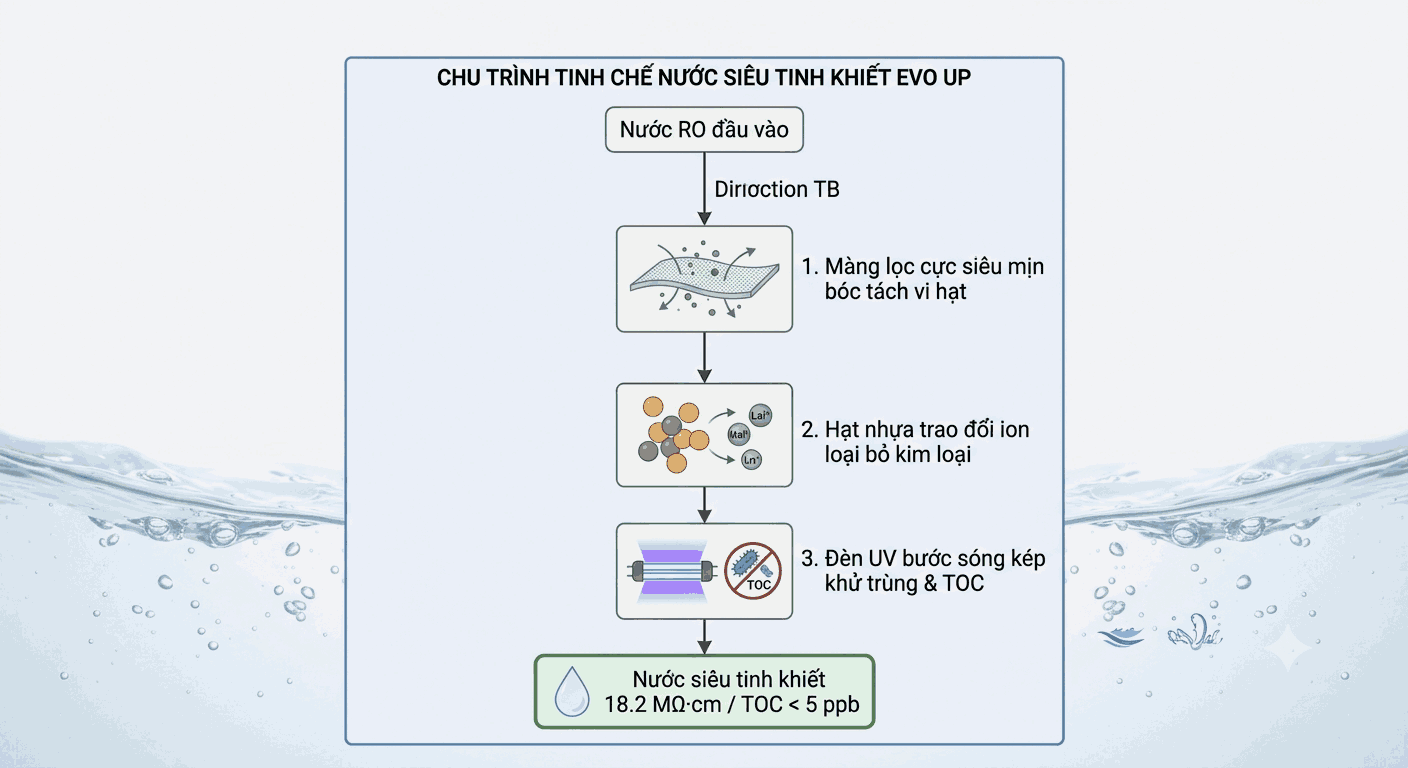 Quy trình tinh chế 4 cấp loại bỏ tạp chất ion và vi sinh đạt chuẩn Nước Loại 1 trên hệ thống EVO UP DIO UT