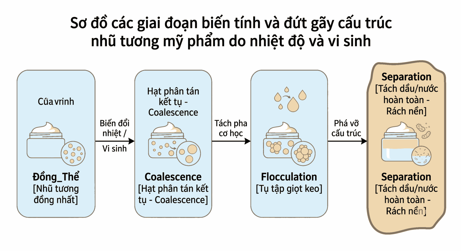 Sơ đồ các giai đoạn biến tính và đứt gãy cấu trúc nhũ tương mỹ phẩm do nhiệt độ và vi sinh