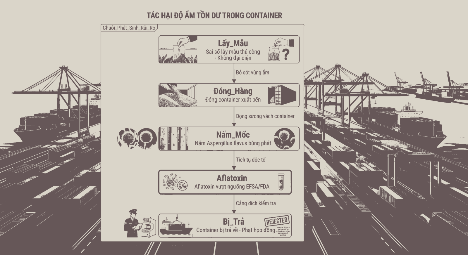 Sơ đồ chuỗi bùng phát độc tố Aflatoxin từ độ ẩm tồn dư trong container đường biển