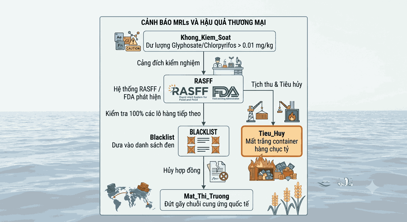 Sơ đồ chuỗi hậu quả thương mại khi lô hàng nông sản bị cơ quan quản lý RASFF/FDA phát hiện vi phạm quy định MRLs