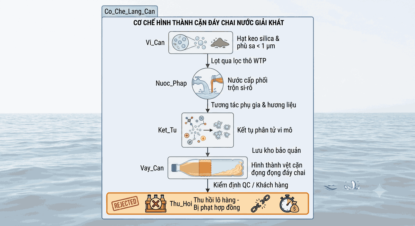 Sơ đồ cơ chế kết tụ vi cặn silica lọt qua màng lọc WTP tạo thành vẩy cặn lắng đọng đáy chai nước giải khát