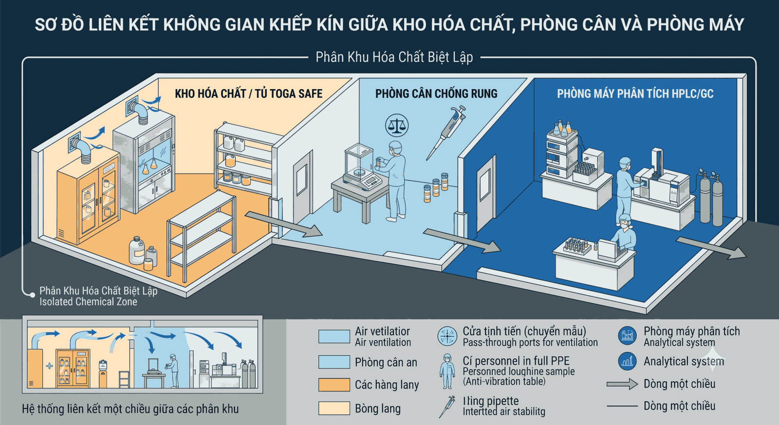 Sơ đồ liên kết không gian khép kín giữa Kho Hóa Chất, Phòng Cân và Phòng Máy