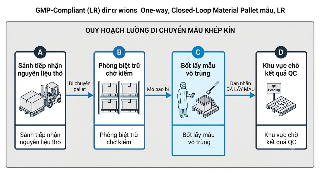 Sơ đồ luân chuyển pallet nguyên liệu một chiều đi qua khu vực lấy mẫu nguyên liệu khép kín chuẩn GMP 