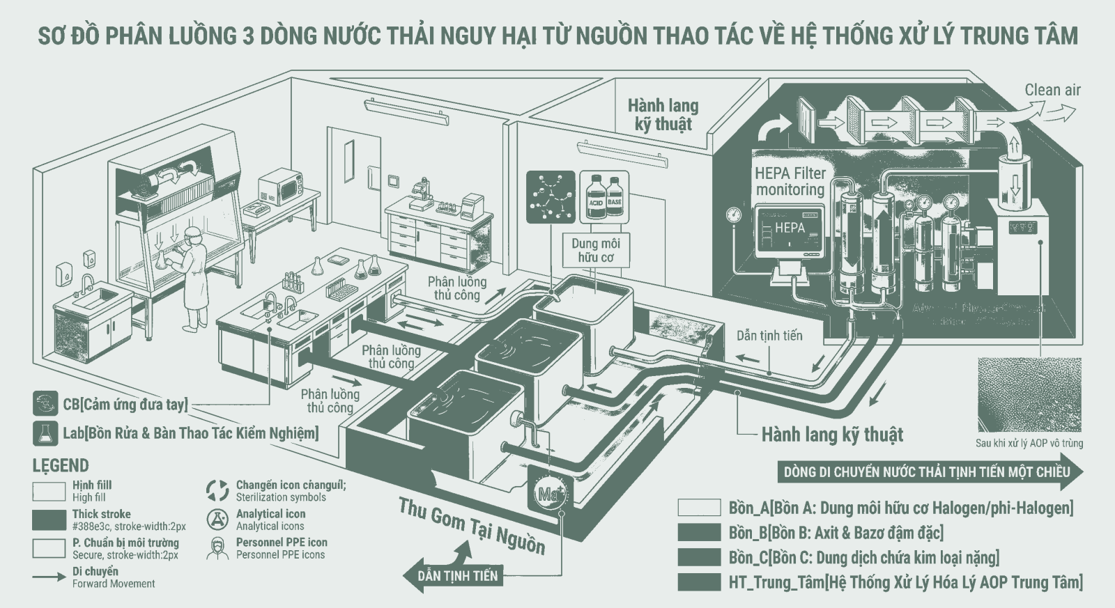 Sơ đồ phân luồng 3 dòng nước thải nguy hại từ nguồn thao tác về hệ thống xử lý trung tâm