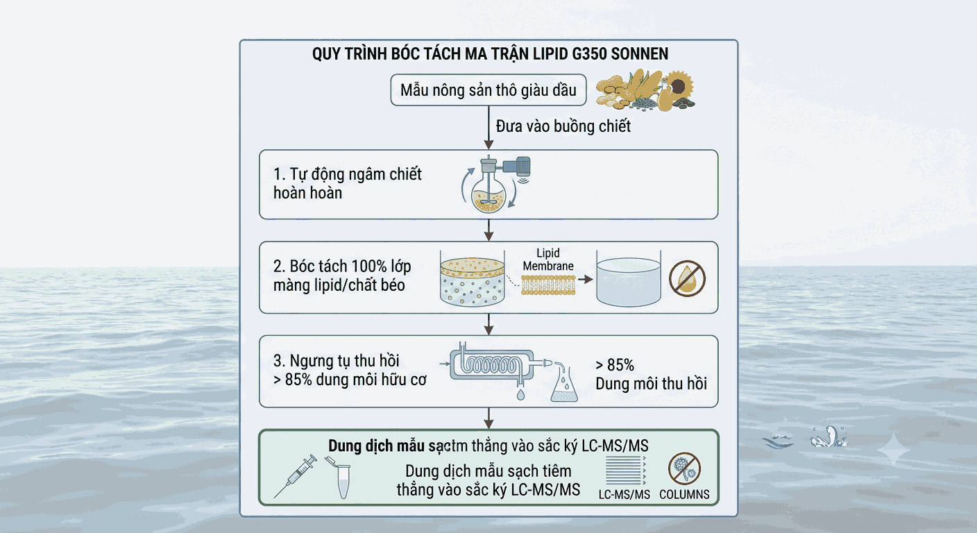 Sơ đồ tự động bóc tách 100% ma trận lipid bảo vệ cột sắc ký LC-MS/MS trên máy phân tích béo G350 Sonnen