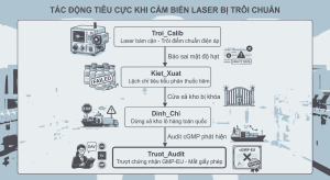 Sơ đồ chuỗi tác động tiêu cực đến giấy phép cGMP và vận hành xả kho khi thiết bị đo tiểu phân bị trôi điểm chuẩn