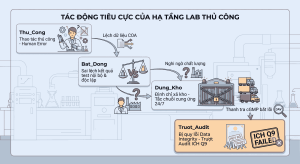 Sơ đồ tác động chuỗi từ việc kiểm nghiệm thủ công đến ách tắc vận hành nhà máy và rủi ro trượt Audit ICH Q9